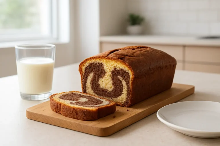 Gâteau marbré chocolat-vanille servi au goûter dans un intérieur lumineux