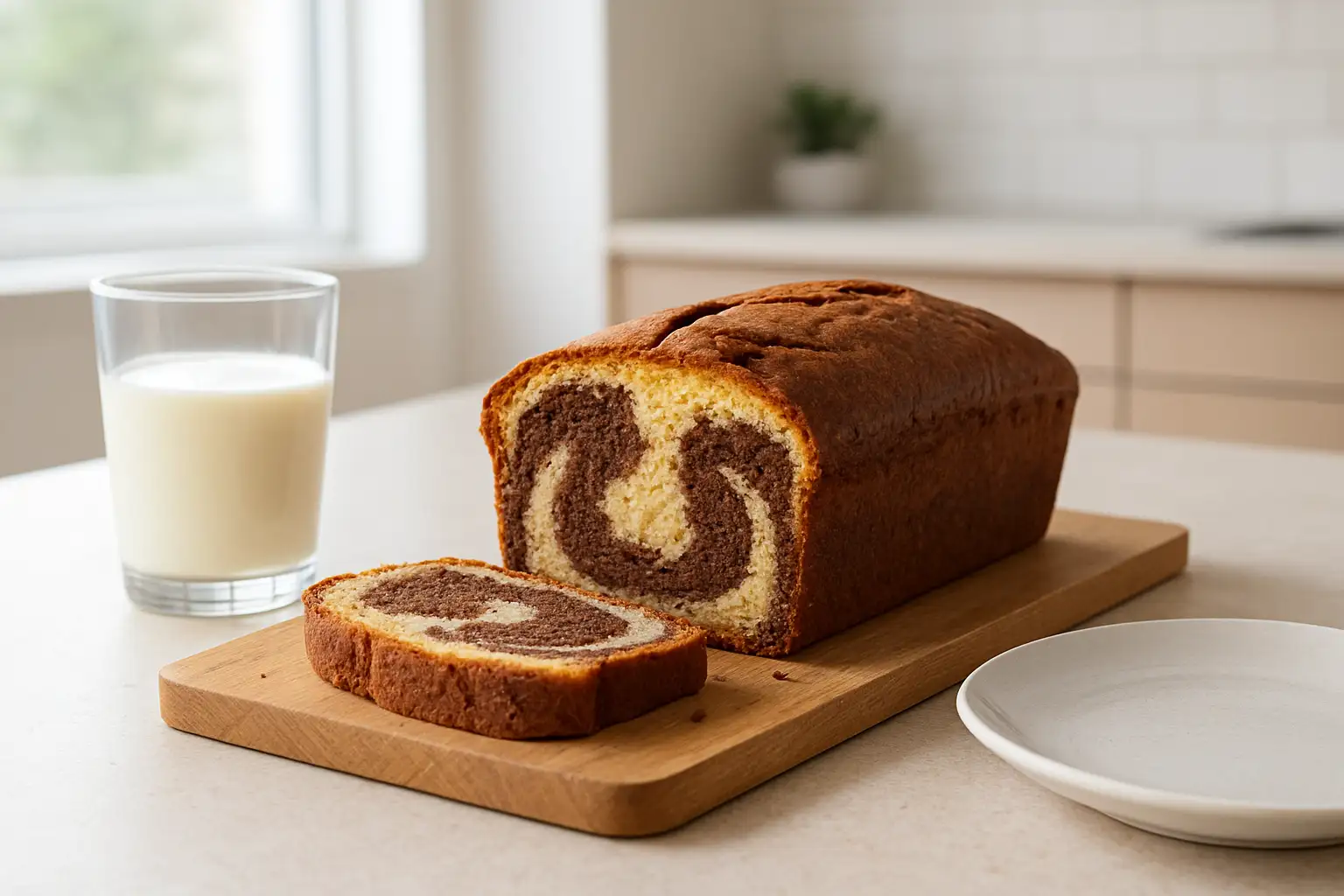 Gâteau marbré chocolat-vanille servi au goûter dans un intérieur lumineux
