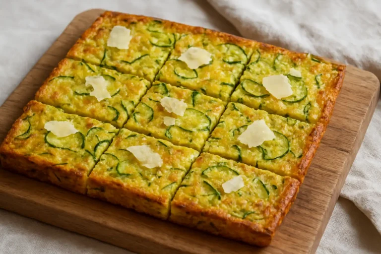 Scarpaccia toscane aux courgettes, coupée en carrés sur une planche en bois