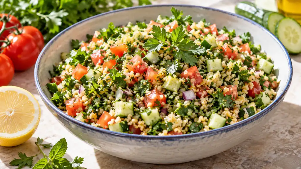 Taboulé de boulgour avec tomate, concombre et herbes fraîches