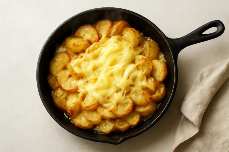 Poêle en fonte vue du dessus avec une truffade auvergnate dorée, aux pommes de terre fondantes et au fromage filant.