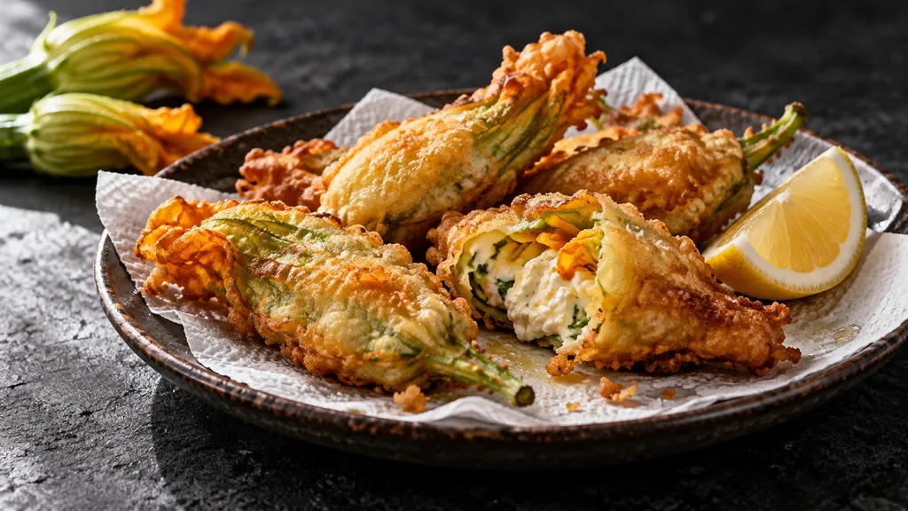 Beignets de fleurs de courgette dorés sur du papier absorbant avec un quartier de citron