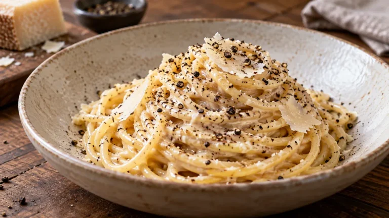 Assiette de spaghetti cacio e pepe nappés de pecorino et de poivre noir concassé