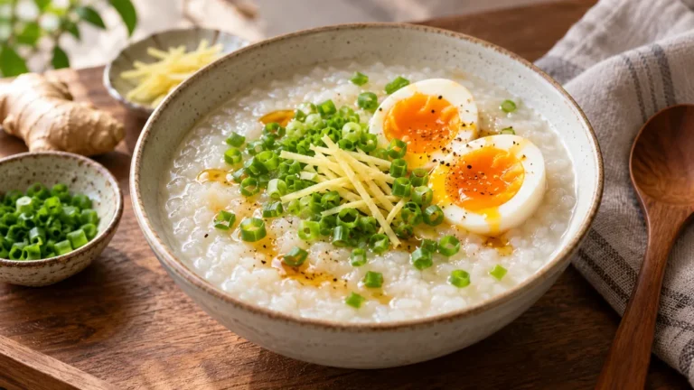 Bol de congee de riz crémeux garni de ciboule, de gingembre et d'un œuf