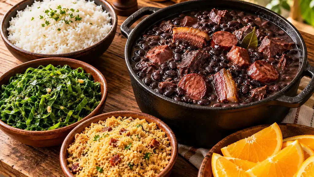 Feijoada brésilienne servie avec riz blanc, chou vert, farofa et tranches d'orange