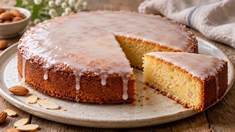 Gâteau nantais rond glacé au sucre et au rhum, posé sur un plat