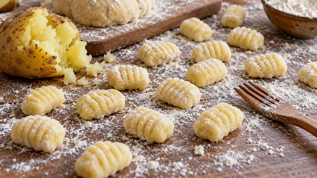 Gnocchis maison façonnés avec les rayures de la fourchette, saupoudrés de farine