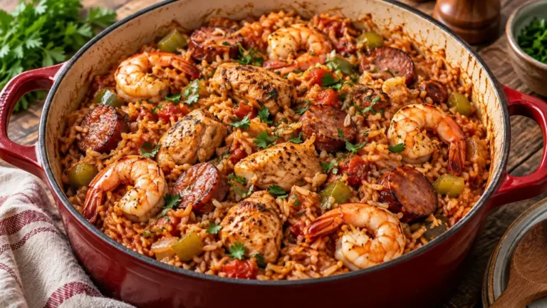 Jambalaya de Louisiane dans une cocotte avec poulet, saucisse fumée et crevettes