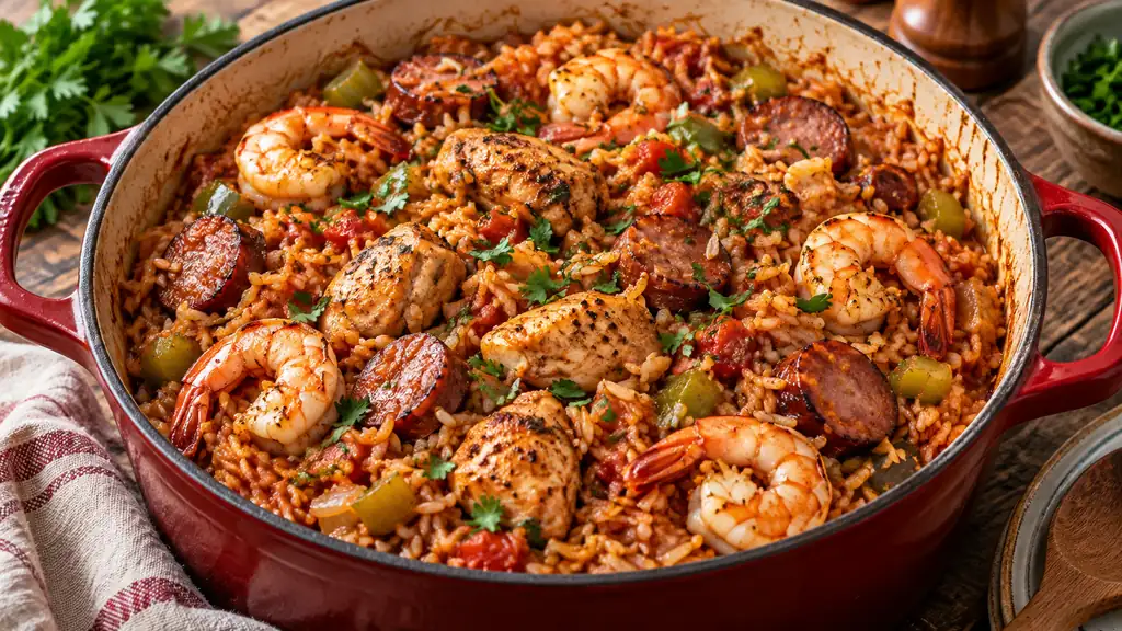 Jambalaya de Louisiane dans une cocotte avec poulet, saucisse fumée et crevettes