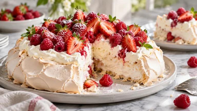 Pavlova garnie de crème fouettée, de fraises et de framboises sur un plat