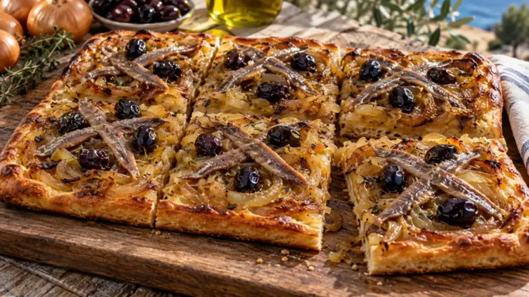 Pissaladière niçoise découpée en carrés avec oignons confits, anchois et olives noires