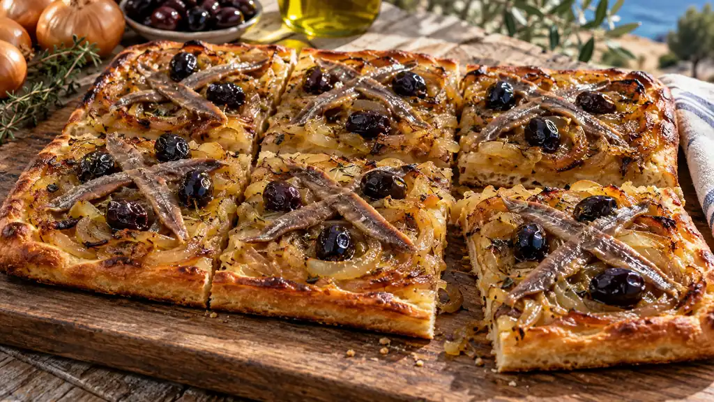 Pissaladière niçoise découpée en carrés avec oignons confits, anchois et olives noires