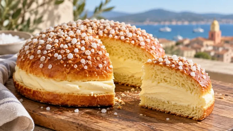 Tarte tropézienne coupée en deux avec sa brioche dorée au sucre perlé et sa crème claire